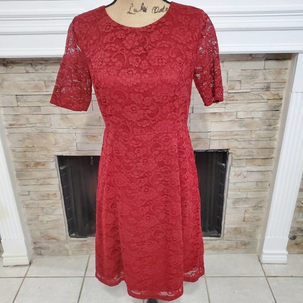Talbots Red Lace Fit N Flare Knee Length Dress‎ Size 4 P Petite